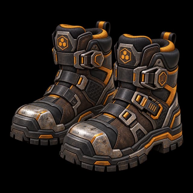 A pair of rugged charcoal and gunmetal industrial work boots with steel toe and heel reinforcements, warm amber trim and a small triple-hex insignia