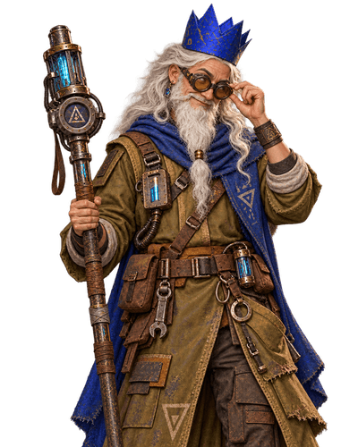 The Wise Old Enby, Researcher at Hilltop Workshop, amused expression